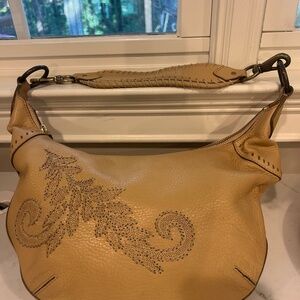 Cole Haan embroidered shoulder bag, tan pebbled leather